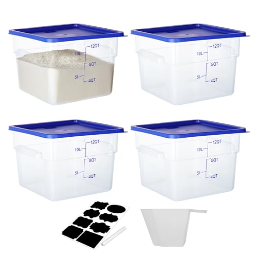 BIEAMA 4 Pack Food Storage Containers, 12 Quart with Lids, Square Commercial Containers with Scale, NSF, Polycarbonate, Clear - color: 12Qt-4 Pack(Blue Lids)