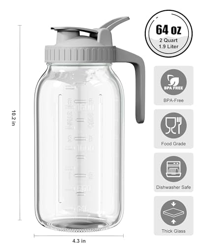 OneDream 64oz Mason Jar Pitcher, Airtight & Leakproof Glass Pitcher with Lid, Perfect for Sun Tea, Iced Tea, Cold Brew and Breastmilk, 2 Quart (1/2 Gallon) Mason Jar with Pour Spout Lid and Handle - color: Gray, size: 64 Ounces