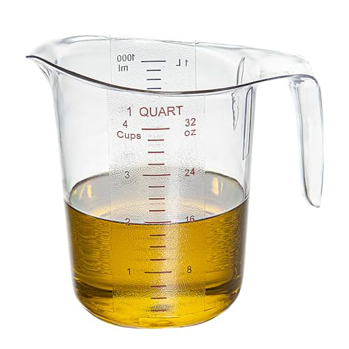 Restaurantware RW Base 1 Quart Measuring Jar 1 Durable Measuring Beaker - Metric And Imperial Units V-Shaped Spout Clear Plastic Measuring Cup Handle With Thumb-Grip Tolerates Up To 248F - color: Clear, size: 6.50" × 4.75" × 6.00"