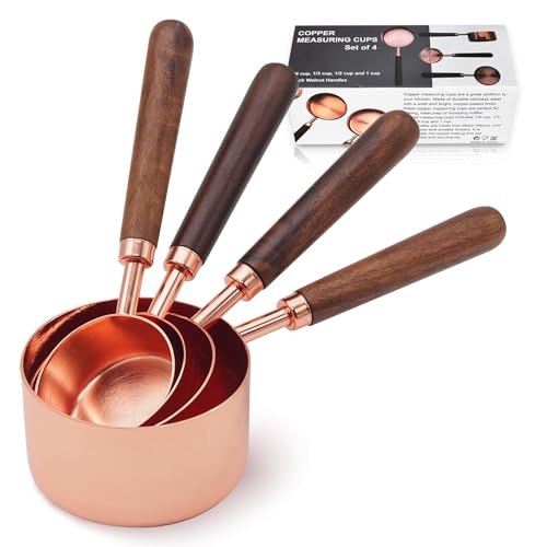 SHIKORI Gold Measuring Cups and Spoons Set with Wood Handles, Premium Stainless Steel Measuring Spoons and Measuring Cups Set, For Cooking and Baking in the Kitchen-Rose Gold-4Cups - color: Rose Gold-4Cups