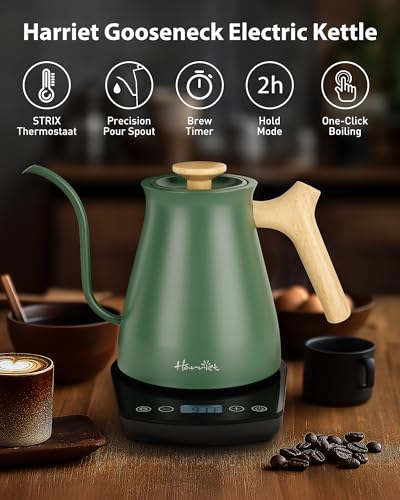 Harriet Gooseneck Electric Kettle - 1200W Fast Heat, 0.8L Stainless Steel, Precision Temp Control & Timer, Wood Handle, Pour Over Coffee and Tea, Green - color: Green