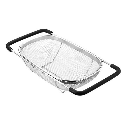 Fine Mesh Colander Over The Sink 6 Quart Stainless Steel Strainer Basket | Expandable Rubber Grip Handles - Strain, Drain, Rinse Fruits, Vegetables