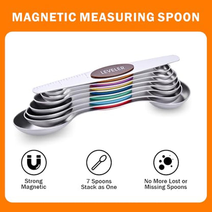 13-Piece Magnetic Measuring Spoons and Cups Set, Stainless Steel Kitchen Measure Tools with Silicone Handles, Nesting Dry and Liquid Measuring Cups for Baking Cooking (Multicolor) - color: Multicolor