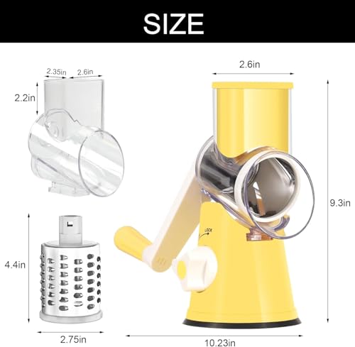 Cambom Rotary Cheese Grater Hand Crank Cheese Shredder for Fresh Cheese, Vegetable, Nuts,Non-slip Suction Base, Free Cleaning Brush Three Blades,Yellow - color: Yellow, size: 3 BLADES