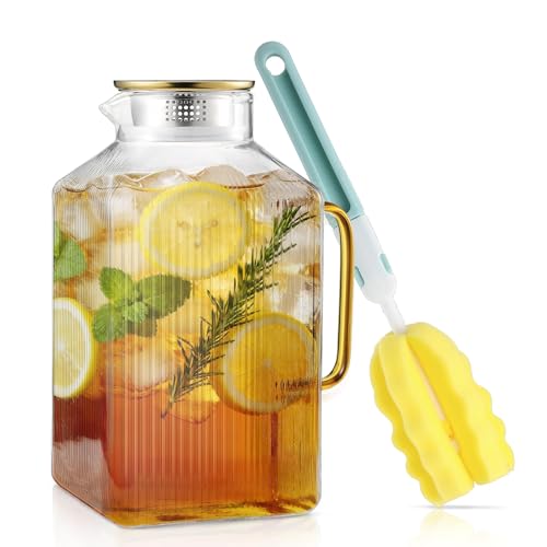 Kochorie 1 Pack 1 Gallon/128 oz Square Glass Pitcher with Lid & Cleaning Brush, Thickened Borosilicate Glass Carafe for Hot/Cold Drink, Extra Large Jug with Handle for Iced Tea, Juice, Lemonade