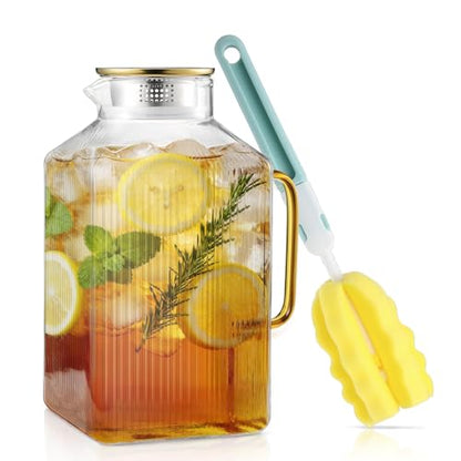 Kochorie 1 Pack 1 Gallon/128 oz Square Glass Pitcher with Lid & Cleaning Brush, Thickened Borosilicate Glass Carafe for Hot/Cold Drink, Extra Large Jug with Handle for Iced Tea, Juice, Lemonade