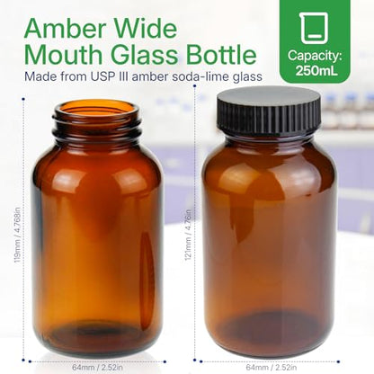 250 ml(8.3 OZ) Amber Glass Wide Mouth Packer Bottle with Black Ribbed Cap, UV Light Resistant Jars for Pills, Capsules, Essential Oils, DIY Salves - Airtight Storage Container，Pack of 24 bottles - size: 8.3 OZ