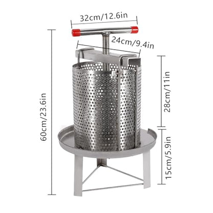 304 Stainless Steel Honey Press, 9.44 x 9.44 x 23.62 Inch Household Manual Honey Extractor Wax Beekeeping Tool Grape Fruit Wine Press for Oil Pressure Dehydration, Medicine Dregs