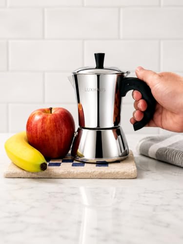 LuxHaus 3 Cup Moka Pot (2oz each cup - 6oz total) Stovetop Espresso Maker - Stainless Steel Italian and Cuban Mocha Coffee Maker - size: 3 Cup