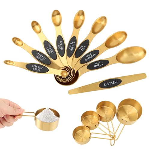 Gold Measuring Cups and Spoons, 13 Piece Stainless Steel | Double-sided design with engraved sizes, narrow end for spice jars, plus leveler for dry ingredients