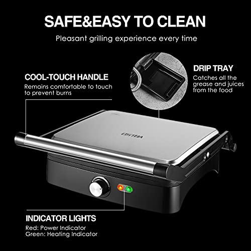 OSTBA Panini Press Grill with Adjustable Temperature, 4-Slice Indoor Grill, 180° Open Sandwich Maker with Drip Tray, Non-Stick Plates, Stainless Steel, 1200W - style: ABC19