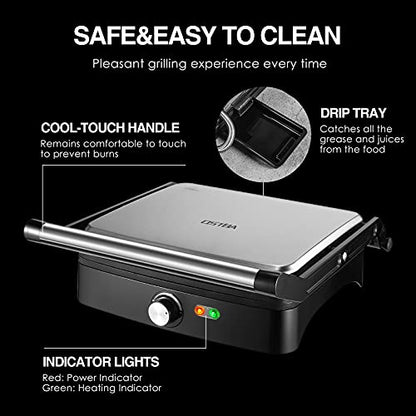 OSTBA Panini Press Grill with Adjustable Temperature, 4-Slice Indoor Grill, 180° Open Sandwich Maker with Drip Tray, Non-Stick Plates, Stainless Steel, 1200W - style: ABC19