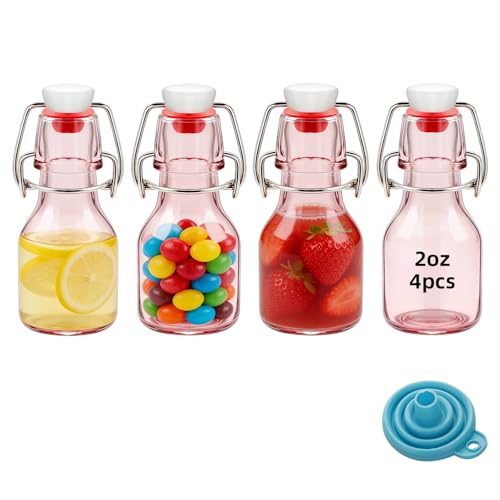 4Pcs 2oz Swing Top Glass Bottles,Flip Top Glass Bottle with Lids Sealable Kombucha Bottle for Brew Beer Syrup Vanilla Extract Air Tight Bottles (Pink) - color: Pink