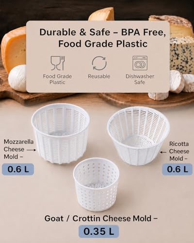 7 items Cheese making kit | Variouse cheese molds 0.25-0.6 kg for soft cheeses (7). Cheesemaking from Cow and Goat Milk. Cheese making supplies - size: Set of 7