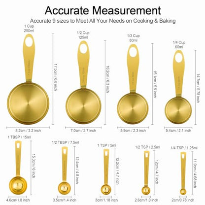 GuDoQi 9pcs 304 Stainless Steel Measuring Cups & Spoons, Stackable Long Handle Fits Narrow Jars, Golden Finish, Metric & US Measures for Dry/Liquid Ingredients, Rust-Proof for Baking & Cooking