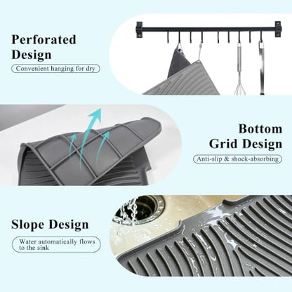 Silicone Dish Drying Mat for Kitchen Counter,16"X13" With Built-in Drain Lip,Food-Grade Silicone, Heat-Resistant Eco-friendly Hygienic Drying Mat Leak-Proof and Non-Slip, Multi-Functional Use（Gray） - color: Gray, size: 16" x 13"