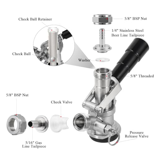 All 304 Stainless Steel D System Keg Coupler, Beer Tap Coupler with 1/4’’ Beer Line Barb & 5/16’’ Gas Line Barb, Heavy Duty US D Sankey Coupler for Smooth Pouring & Fast Dispensing | Heavy Duty, Foam-Free - size: 1/4’’Barb