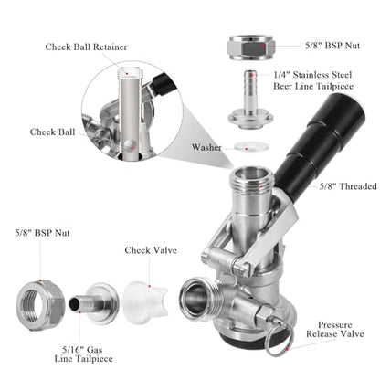 All 304 Stainless Steel D System Keg Coupler, Beer Tap Coupler with 1/4’’ Beer Line Barb & 5/16’’ Gas Line Barb, Heavy Duty US D Sankey Coupler for Smooth Pouring & Fast Dispensing | Heavy Duty, Foam-Free - size: 1/4’’Barb