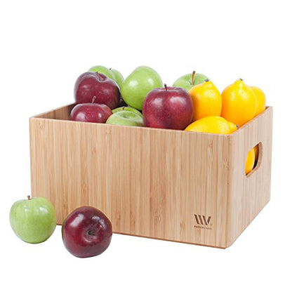 MobileVision Bamboo Storage Box Multi-Purpose Organizer for Kitchen Supplies Holder, Fruit Bin, Cabinets, Pantry with built in handles, stackable, 12” x 9” x 6” With White Clip Included - size: Single: 12" x 9" x 6"