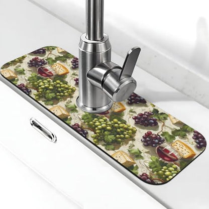 Faucet Mat for Kitchen Sink - Grape and Cheese Print Fast Drying Absorbent Splash Guard, Around Faucet Draining Mat for Kitchen Bathroom Sink