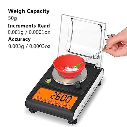 Fuzion Milligram Scale 50g/0.001g, Powder Scale with 9 Accessories | Includes Calibration Weights, Mg Scale for Powder, Supplement, Jewelry, Capsule Filling, Reloading - color: Black Orange