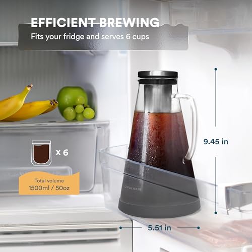OVALWARE Airtight Cold Brew Iced Coffee Maker Pitcher (& Iced Tea Maker) with Spout – 1.5L/ 51oz Brewing Glass Carafe with Removable Stainless Steel Filter - size: 51 Ounces