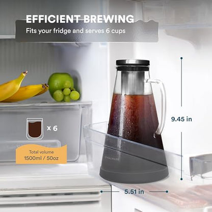OVALWARE Airtight Cold Brew Iced Coffee Maker Pitcher (& Iced Tea Maker) with Spout – 1.5L/ 51oz Brewing Glass Carafe with Removable Stainless Steel Filter - size: 51 Ounces