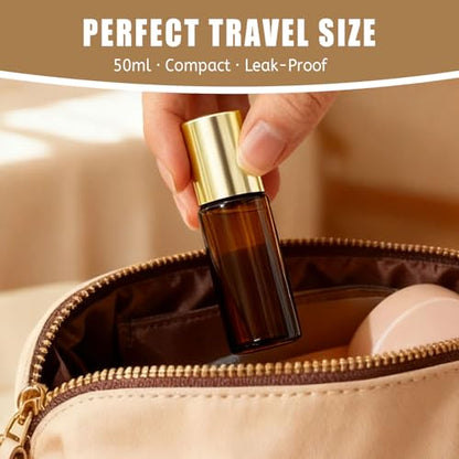 Rose Quartz Roller Bottles for Oils, 50ml Refillable Amber Glass Roll On Bottles with Natural Crystal Roller Balls, Leak-Proof Travel Perfume Bottle with Gold Caps - size: 1.7 Ounces