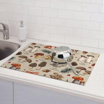 Mushroom Dish Drying Mats For Kitchen Counter XL Microfiber Kitchen Drying Mat Large Draining Pad Absorbent Quick Drying Dish Mat for Countertop Coffee Mats 18x24 Inch - color: Mushrooms