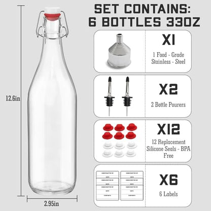 6 Pack 33 oz 1000ml flip top glass bottles with swing lids sealing stoppers rotundity airtight leakproof clear perfect for beverages oils vinegar kombucha beer water soda kefir