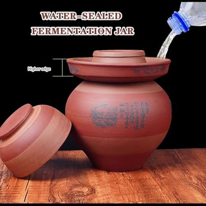Handmade Clay Traditional Kimchi Jar, Water-Tight Fermentation Crock, Kitchen Grain Storage Bottle, Unglazed Interior