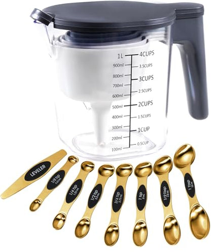 18-Pc Magnetic Measuring Cups and Spoons Set, with Lid, Golden | Includes 1 cover, 9 stackable cups set & 8 magnetic spoons, BPA-free & dishwasher safe, for liquid and dry baking - color: 18 Piece - Gold