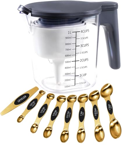 18-Pc Magnetic Measuring Cups and Spoons Set, with Lid, Golden | Includes 1 cover, 9 stackable cups set & 8 magnetic spoons, BPA-free & dishwasher safe, for liquid and dry baking - color: 18 Piece - Gold