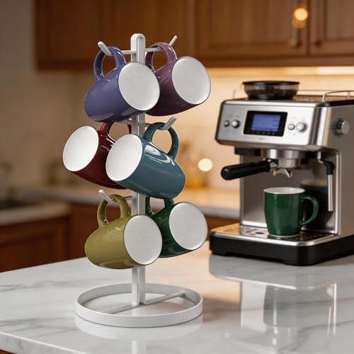 Mug Holder Tree,Coffee Mug Tree with 6 Hooks, Coffee Cup Holder,Stainless Steel Home Storage Mug Standing Rack for Big Mugs,Coffee Cup Countertop Stand Holders (White) - color: White