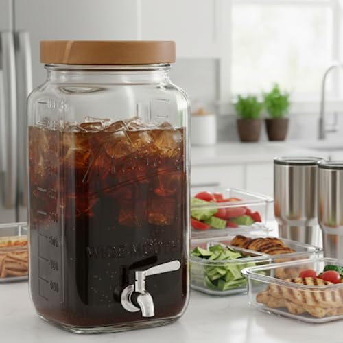 Kitchentoolz 2 Gallon Glass Beverage Dispenser with Wooden Lid – Large Square Mason Jar Drink Container with Stainless Steel Spigot – Big Batch Iced Tea, Lemonade, Water, or Party Drinks
