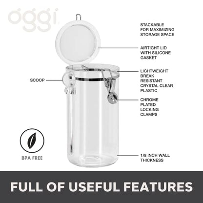 Oggi Clear Canister Airtight 72oz - Clamp Lid & Spoon - Airtight Food Storage Container, for Kitchen & Pantry Storage of Bulk, Dry Foods, Pasta, Flour, Sugar, Coffee, Rice, Tea, Spices & Herbs - size: 72 Fluid Ounces