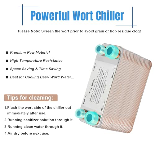 50 Plate Wort Chiller, Stainless Steel Brazed Plate Heat Exchanger, 1/2 NPT & 3/4 NPT Thread Plate Wort Chiller, Wort Cooler Beer Brewing Chiller For Homebrew-7.5" x 4.5"