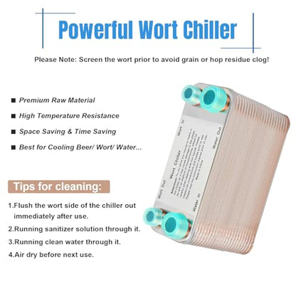 50 Plate Wort Chiller, Stainless Steel Brazed Plate Heat Exchanger, 1/2 NPT & 3/4 NPT Thread Plate Wort Chiller, Wort Cooler Beer Brewing Chiller For Homebrew-7.5" x 4.5"