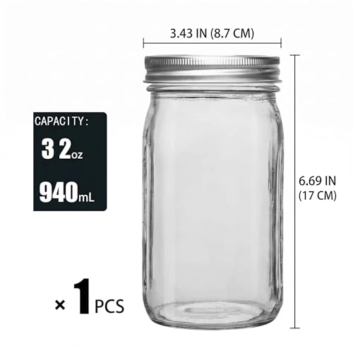 Wide Mouth Glass Mason Jars, 32oz, Pack of 4 | Airtight Lids, Measurement Marks, Food Storage Containers, For Overnight Oats, Canning, Fruit Jams & Meal Prep