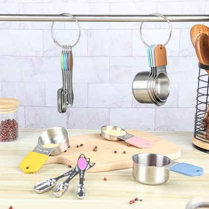 Magnetic Measuring Cups and Spoons Set, 7 Stainless Steel Measuring Cups and 7 Rectangular Metal Teaspoon with 1 Leveler for Cooking & Baking (Colorful) - color: Colorful