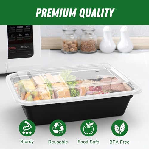 Dealusy 50 Pack (100-Piece) 38 oz Meal Prep Containers Reusable with Lids, Sturdy Leakproof & Food Safe, Microwave, Freezer, Dishwasher Safe Prep Containers, To Go Take Out Plastic Food Storage - size: 38 oz