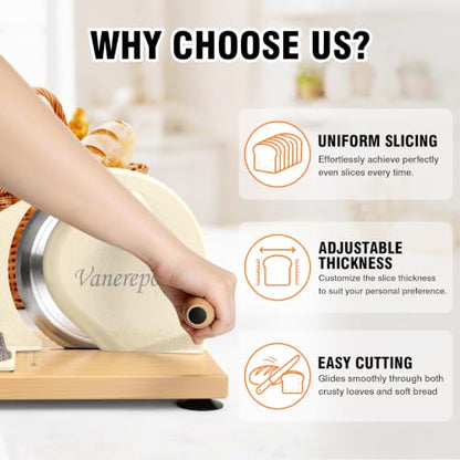 vanerepok Manual Bread Slicer Adjustable Thickness for Homemade Sourdough | Hand Crank Bread Cutter with Scale & Stable Suction Cups & Wood Base for Even Slicing Perfect Baking Gift for Home Bakers - color: White