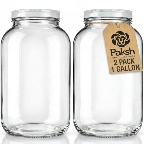 1 Gallon Glass Jar With Lid – Large Glass Jar With Airtight Metal Lids - USDA Approved BPA-Free Dishwasher Safe, Wide Mouth Sun Tea Jar, Gallon Mason Jar for Storage, Fermenting, And Brewing (2 Pack)