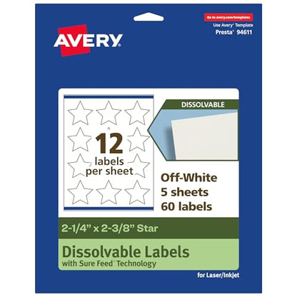 Avery Dissolvable Star Labels, Sure Feed Technology, 2-1/4" x 2-3/8", Matte White, Print-to-The-Edge, Laser/Inkjet Printable, 60 Labels Total - style: 60 labels
