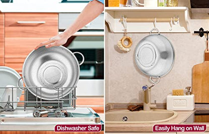 TeamFar Stainless Steel Colander, 5QT Micro-Perforated Metal Colander Food Strainer with Handles, for Draining Washing Rinsing Steaming, Non Toxic & Dishwasher Safe, Solid Construction & 3 Stable Feet - size: 5 qt