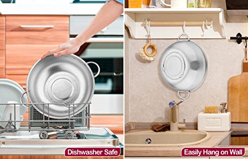 TeamFar Stainless Steel Colander, 5QT Micro-Perforated Metal Colander Food Strainer with Handles, for Draining Washing Rinsing Steaming, Non Toxic & Dishwasher Safe, Solid Construction & 3 Stable Feet - size: 5 qt