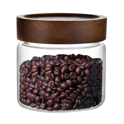 17 Fl oz/500 ml Glass Food Storage Jar, Premium Clear Glass Container Jar with Airtight Screw-on Wooden Lid, Kitchen Canisters for Coffee,Tea,Pasta,Cookies, Nuts,Spice,Candy,Overnight Oatmeal（Small)