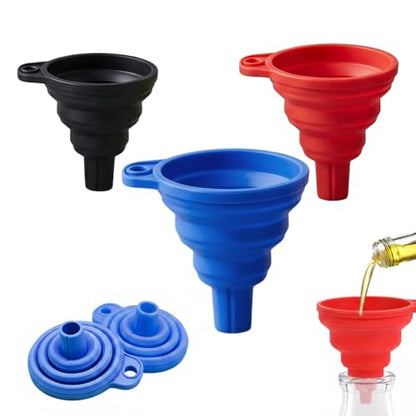 Kitchen Funnel Set 3 Pack, Food-Grade Collapsible Silicone Funnels for Kitchen Use Filling Bottles, Easy Clean Space-Saving Funnels for Water Oil Liquid Transfer (Blue+Red+Black) - color: Blue+Red+Black
