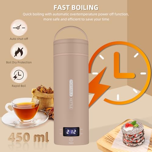 Travel Electric Kettle Portable Small Mini Tea Coffee Kettle Water Boiler, Water Heater with 4 Temperature Control,304 Stainless Steel with Auto Shut-Off & Boil Dry Protection, BPA-Free (Khaki) - color: Khaki