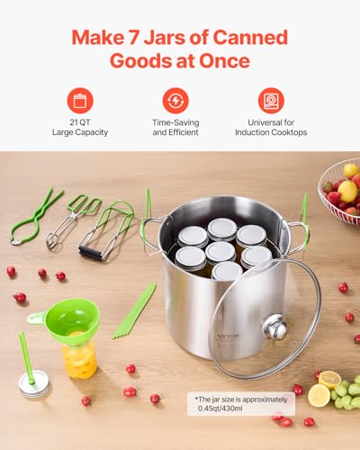 VEVOR Canning Supplies Starter Kit, 9 Pieces Stainless Steel Water Bath Canning Kit for Beginners, Canning Tools Set: Pot, Rack, Lid, Funnel, Tongs, Jar Lifter, Wrench, Magnetic Wand, Bubble Propper - size: 21QT+8PCS